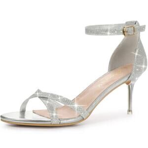 Allegra K Sandals‎ Womens 11 Silver Glitter Strap Stiletto Heels Open Toe NEW